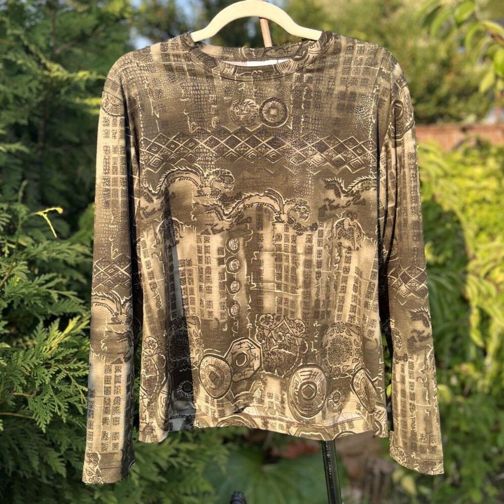 Chicos Design Vtg Green Textured Blouse Asian Long Sleeve Top Y2K Made in USA